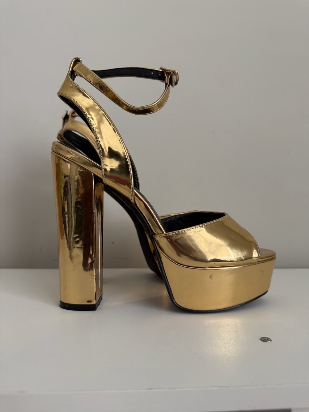 Gold Platform Disco Ankle-Strap High Heel Sandal